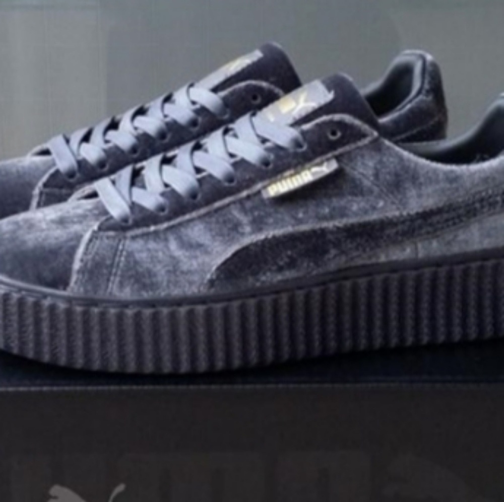 A pair of Fenty x PUMA by Rihanna Gray Velvet Cree